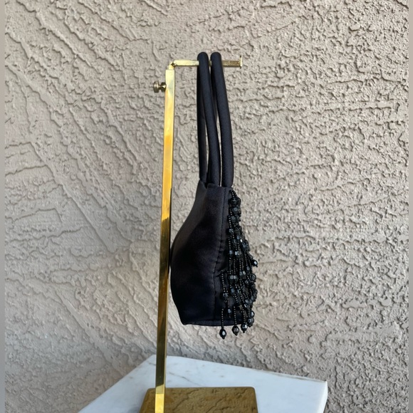 VINTAGE 90s Y2K Black Satin Beaded Fringe Handbag Formal Cocktail Evening Bag - Picture 9 of 12